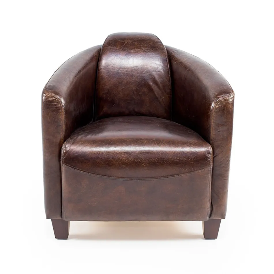 Lounge Armchair Entirely Made in Aged Effect Vintage Leather - Stamp Viadurini
