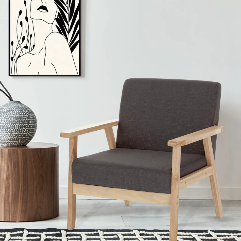 Lounge Armchair in Solid Pine Wood and Dark Grey Fabric - Basilicata Viadurini