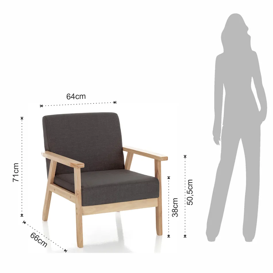 Lounge Armchair in Solid Pine Wood and Dark Grey Fabric - Basilicata Viadurini