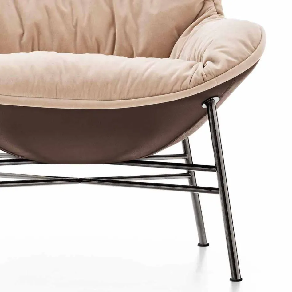 Lounge Armchair in Leather and Fabric with Chromed Base Made in Italy - Litchi Viadurini