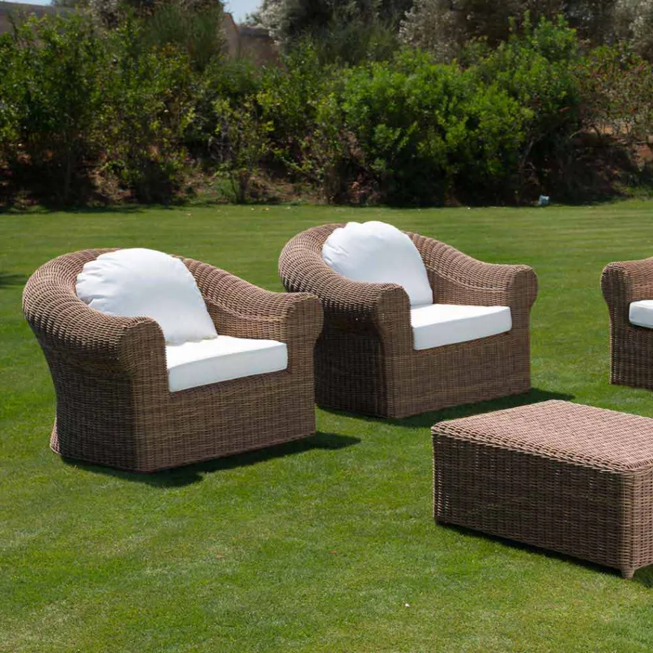 Outdoor Armchair in Woven Synthetic Rattan and White or Ecru Fabric - Yves Viadurini