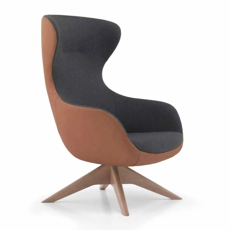Swivel Leather Armchair with Wooden Base Made in Italy - Butterfly Viadurini
