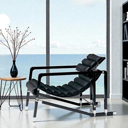 Modern Armchair in Glossy Black Lacquered Wood and Leather Made in Italy - Conga Viadurini