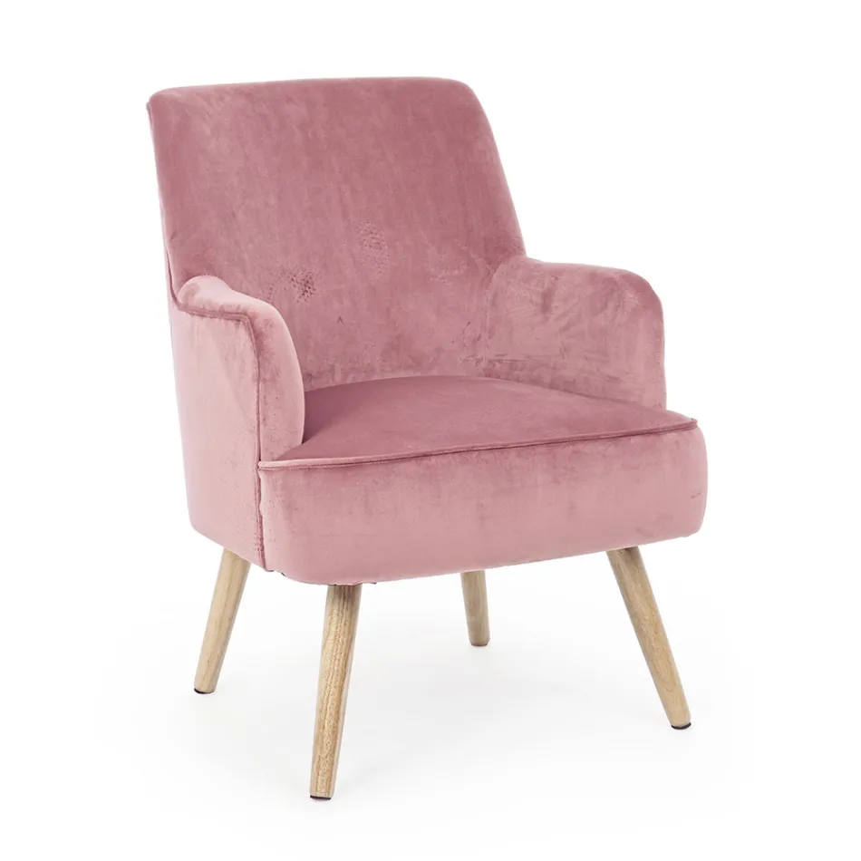 Lounge Armchair in Wood and Velvet Effect Scandinavian Design - Cinzio Viadurini