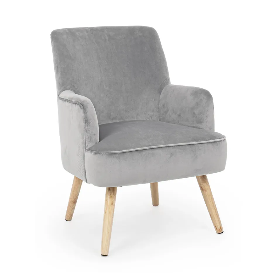Lounge Armchair in Wood and Velvet Effect Scandinavian Design - Cinzio Viadurini