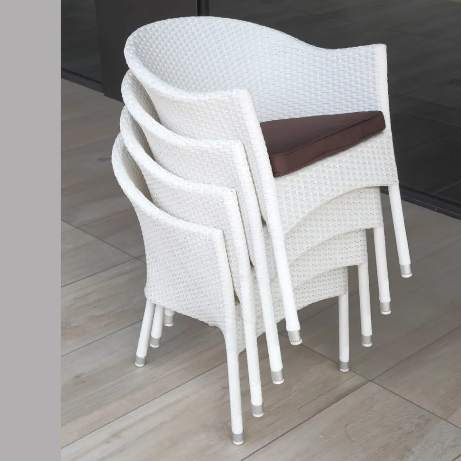 Stackable Chair in Aluminium Covered in White Wicker - Bruma Viadurini