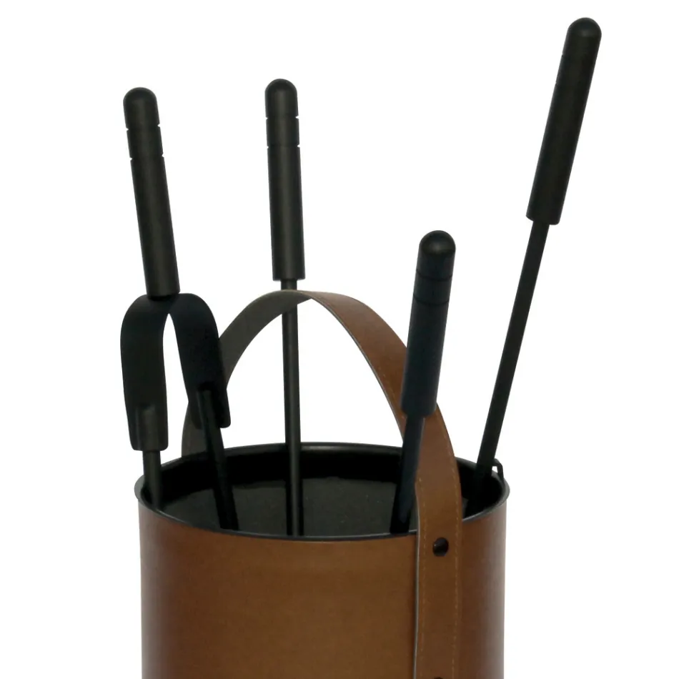 Round Tool Holder in Faux Leather with Handle and 4 Accessories Made in Italy - Pigeon Viadurini