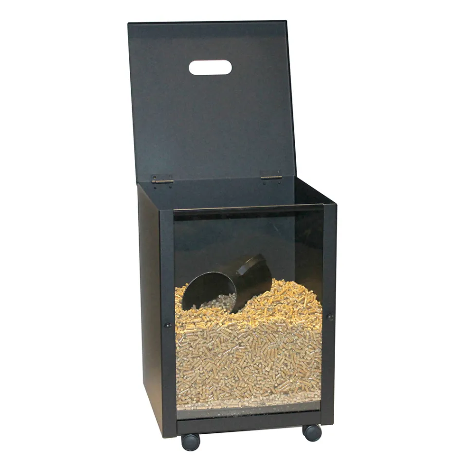 Pellet Holder in Black Painted Steel with Plexiglass Made in Italy - Pellicano Viadurini