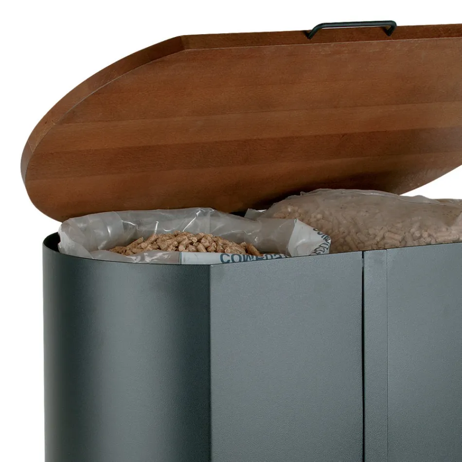 Oval Pellet Holder in Black Metal and Wooden Lid Made in Italy - Bisonte Viadurini