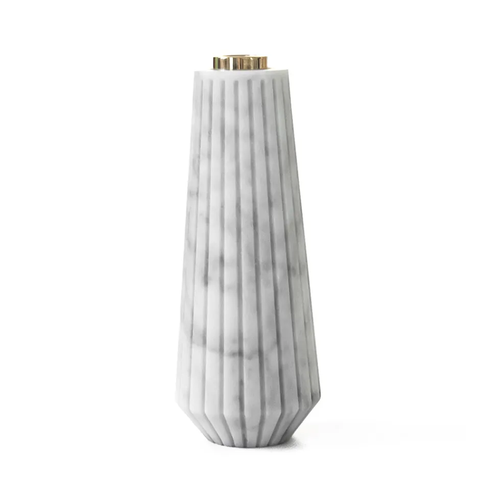 Design Candle Holder in Striped White Carrara Marble and Brass - Amenia Viadurini