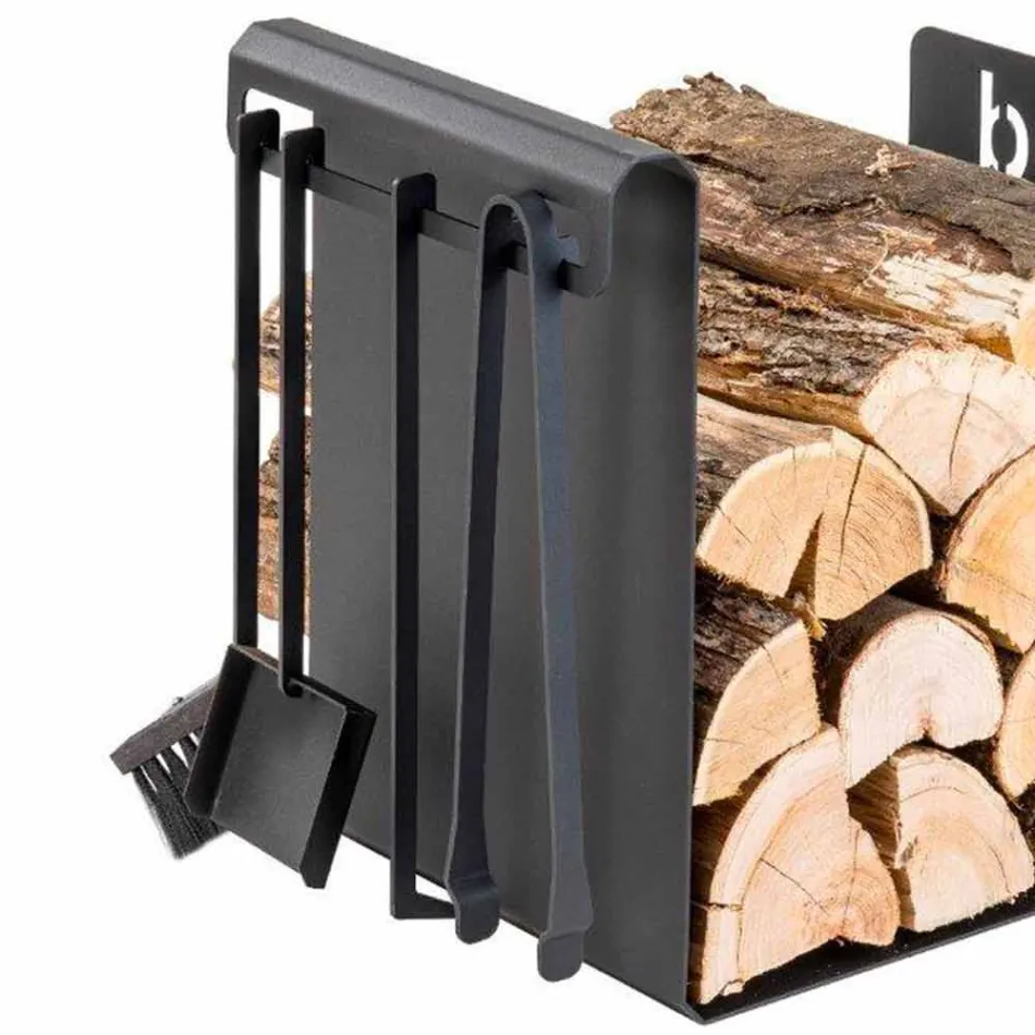 Indoor Firewood Holder in Black Steel with 4 Tools Made in Italy - Phebe Viadurini