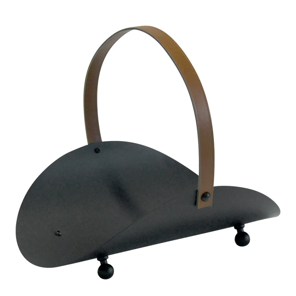 Black Metal Wood Holder with Leather Handle Made in Italy - Antelope Viadurini