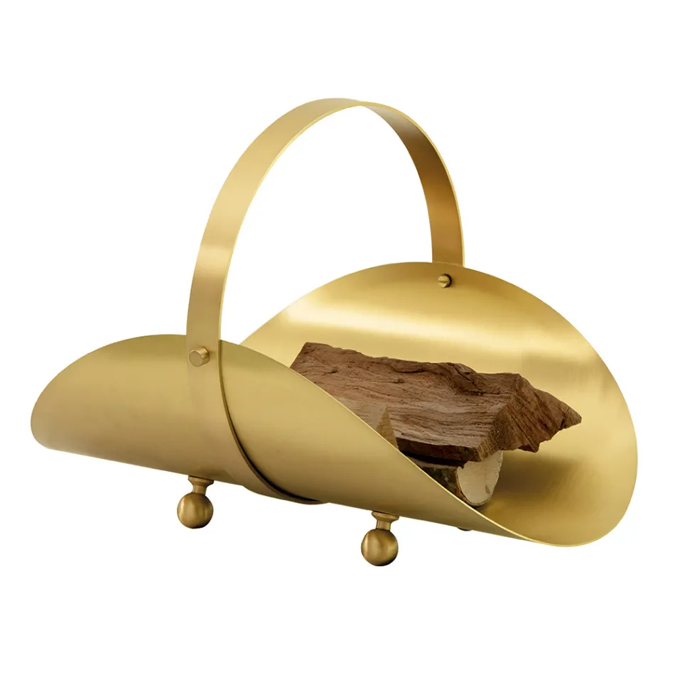 Brass wood holder with handle and 4 feet Made in Italy - Tiger Viadurini