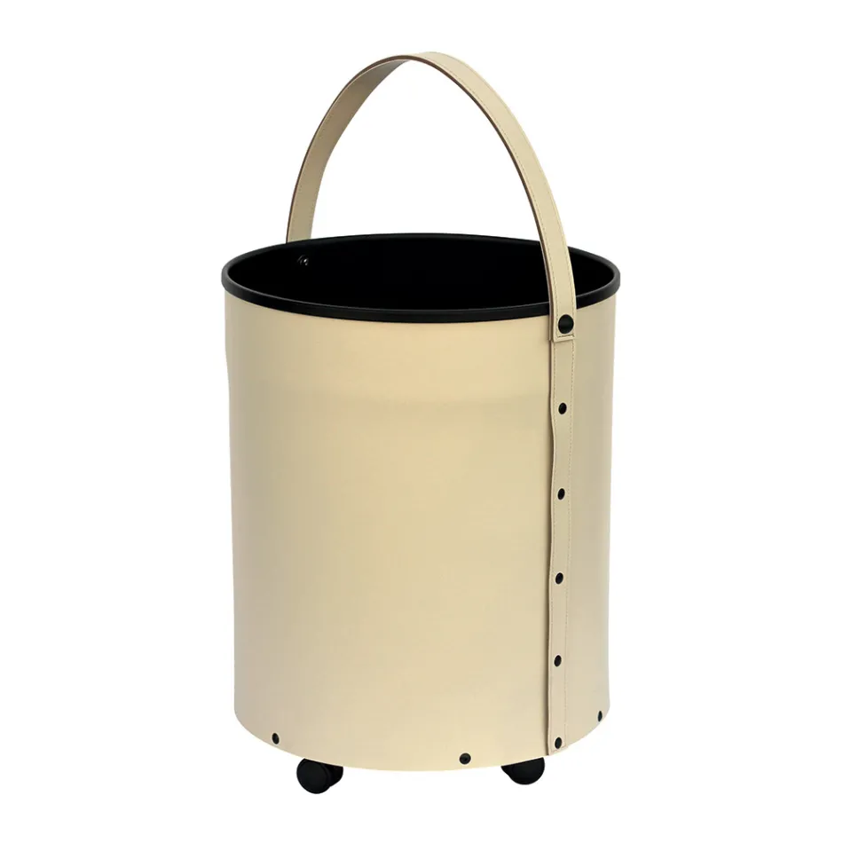 Round log holder in eco-leather with wheels Made in Italy - Chameleon Viadurini