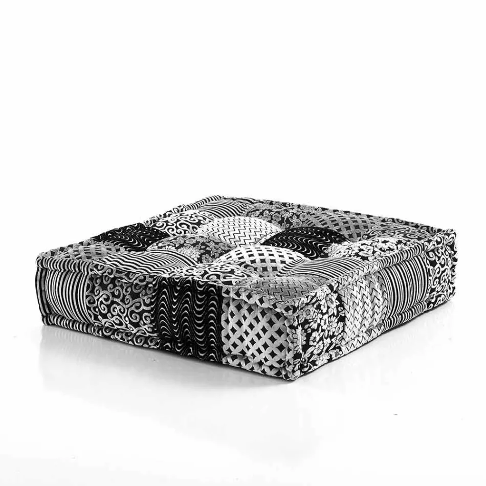Ethnic Square Pouf in Patchwork Fabric or Velvet - Fibre Viadurini