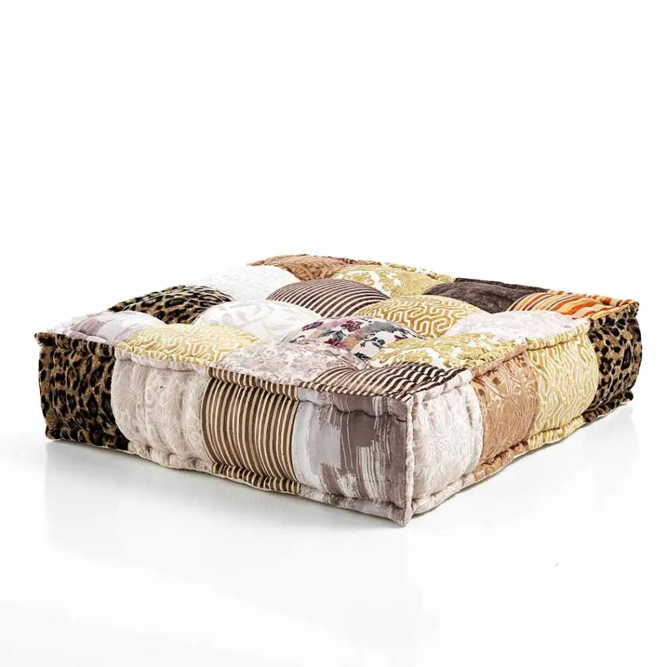 Ethnic Square Pouf in Patchwork Fabric or Velvet - Fibre Viadurini