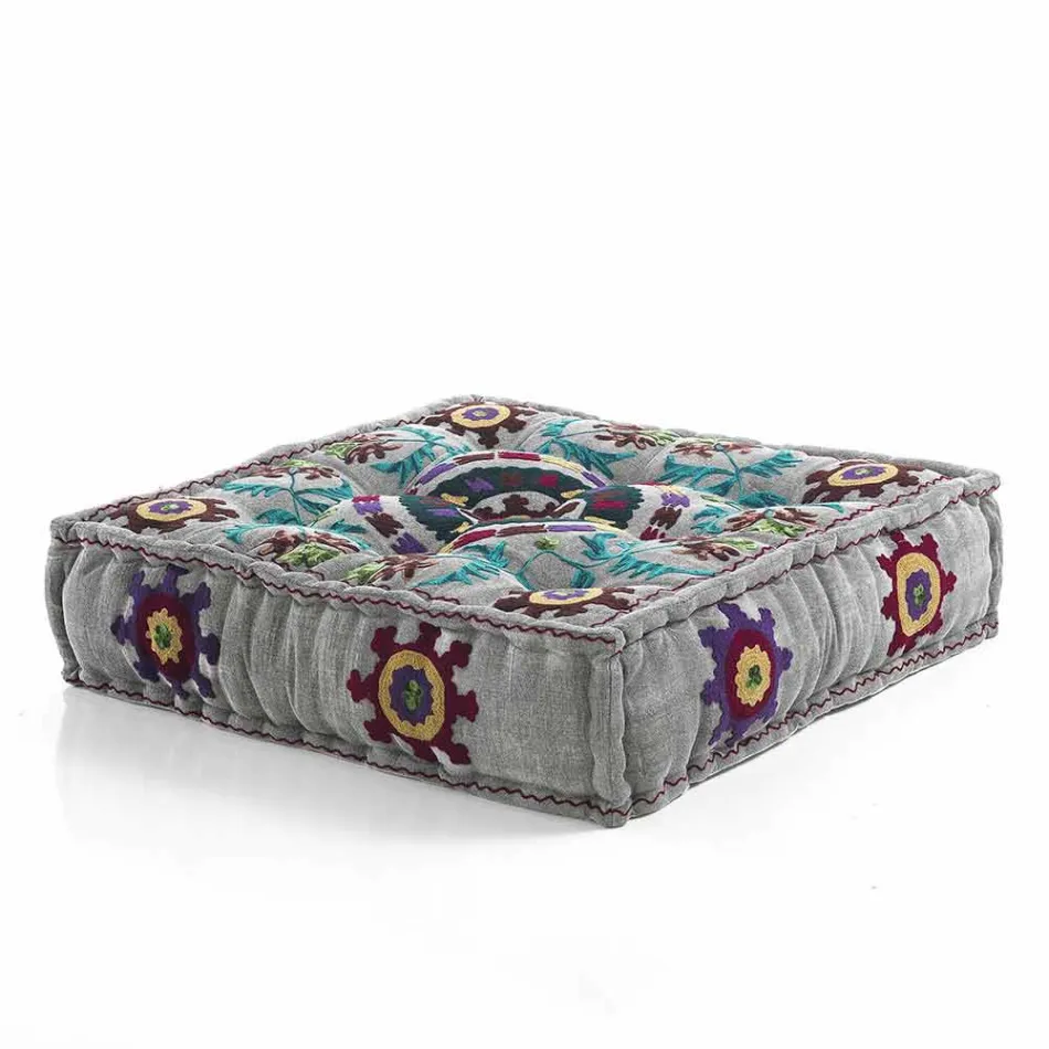 Ethnic Square Pouf in Patchwork Fabric or Velvet - Fibre Viadurini