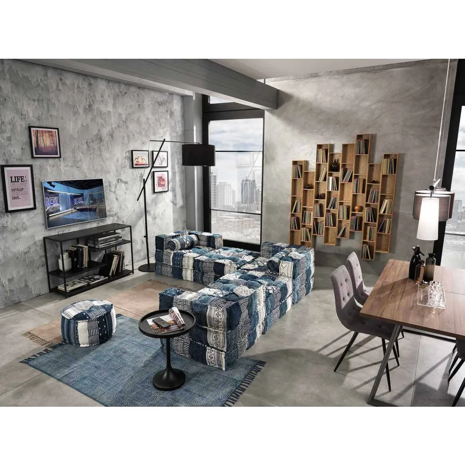 Ethnic Square Pouf in Patchwork Fabric or Velvet - Fibre Viadurini