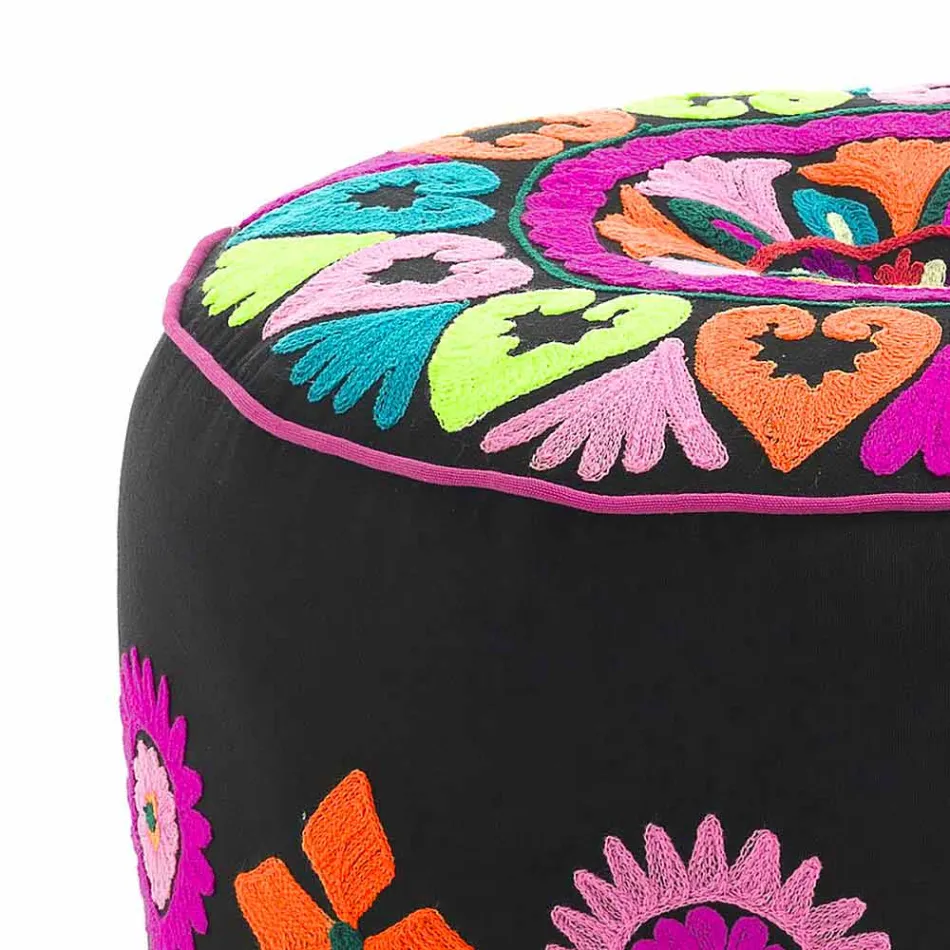 Round Pouf of Ethnic Design in Patchwork Fabric or Velvet - Fibre Viadurini