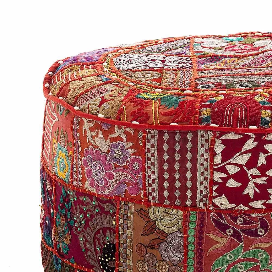 Round Pouf of Ethnic Design in Patchwork Fabric or Velvet - Fibre Viadurini
