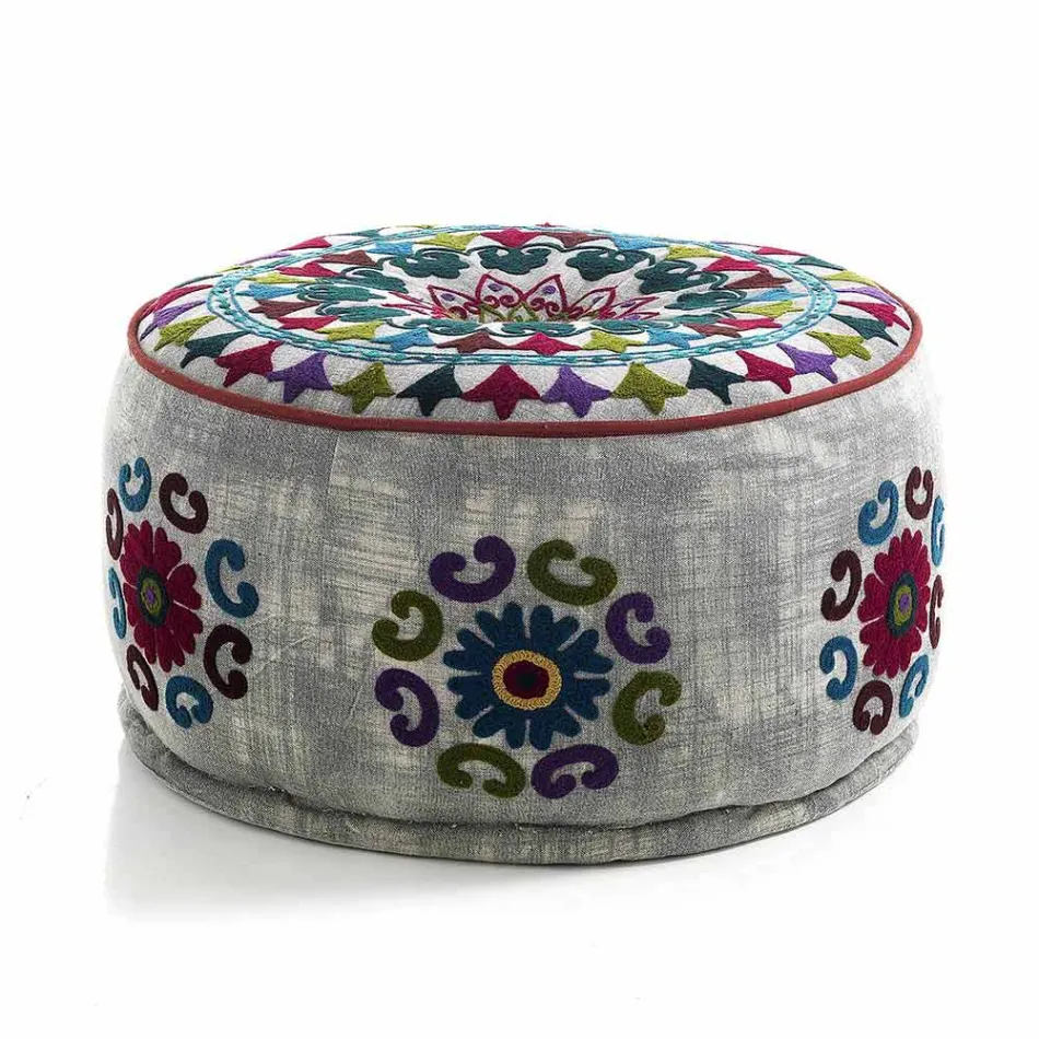 Round Pouf of Ethnic Design in Patchwork Fabric or Velvet - Fibre Viadurini