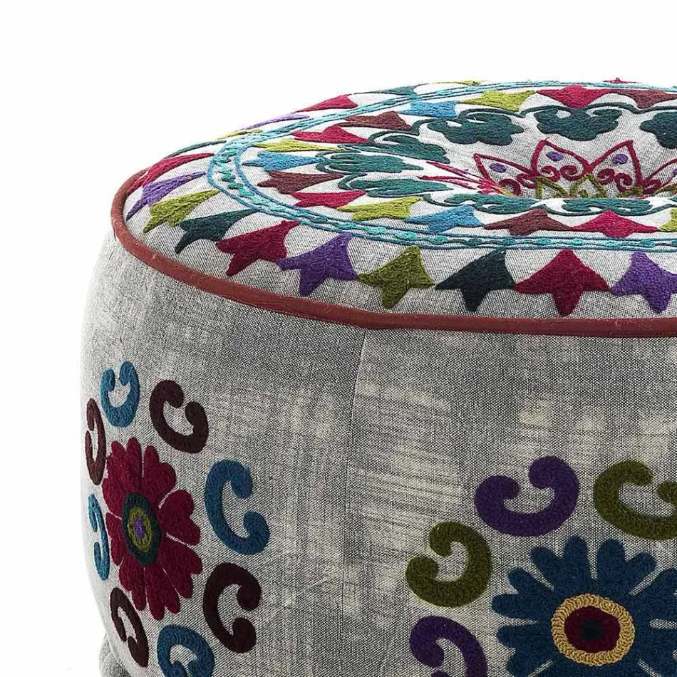 Round Pouf of Ethnic Design in Patchwork Fabric or Velvet - Fibre Viadurini