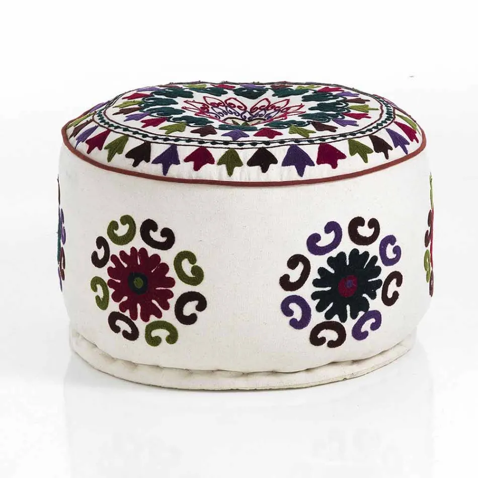 Round Pouf of Ethnic Design in Patchwork Fabric or Velvet - Fibre Viadurini