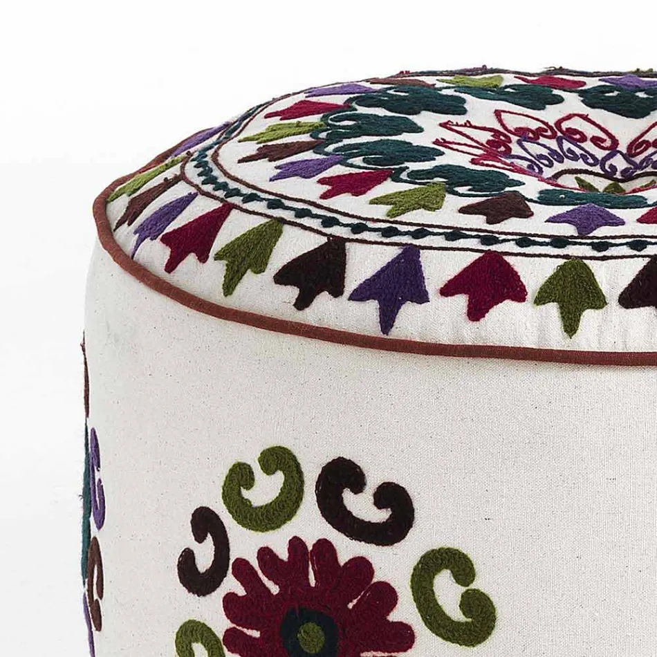 Round Pouf of Ethnic Design in Patchwork Fabric or Velvet - Fibre Viadurini