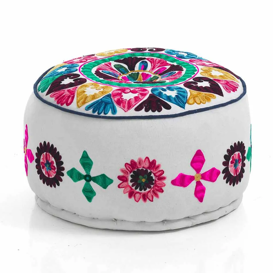 Round Pouf of Ethnic Design in Patchwork Fabric or Velvet - Fibre Viadurini