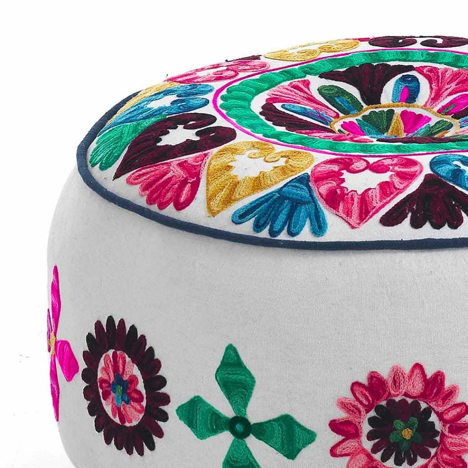 Round Pouf of Ethnic Design in Patchwork Fabric or Velvet - Fibre Viadurini