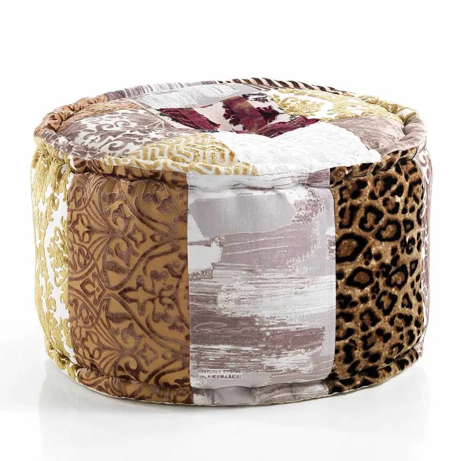Round Pouf of Ethnic Design in Patchwork Fabric or Velvet - Fibre Viadurini