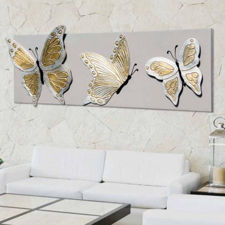 Modern painting with three butterflies in relief decorated by hand Stephen Viadurini