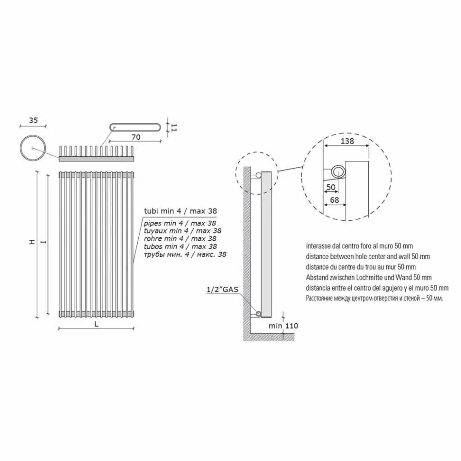 Vertical Hydraulic Design Radiator in Colored Steel up to 1515 Watt - Condor Viadurini