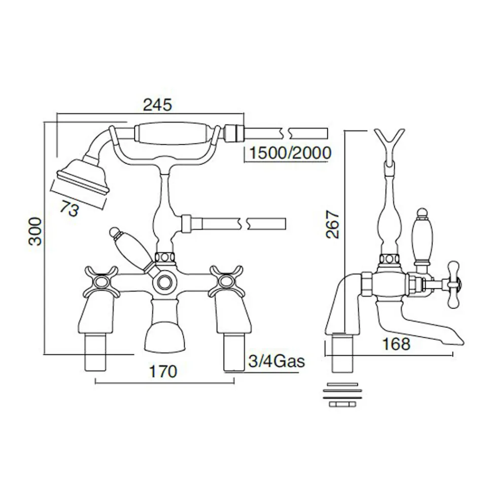 Brass Bathtub Edge Tap with Luxury Classic Style Hand Shower - Fioretta Viadurini