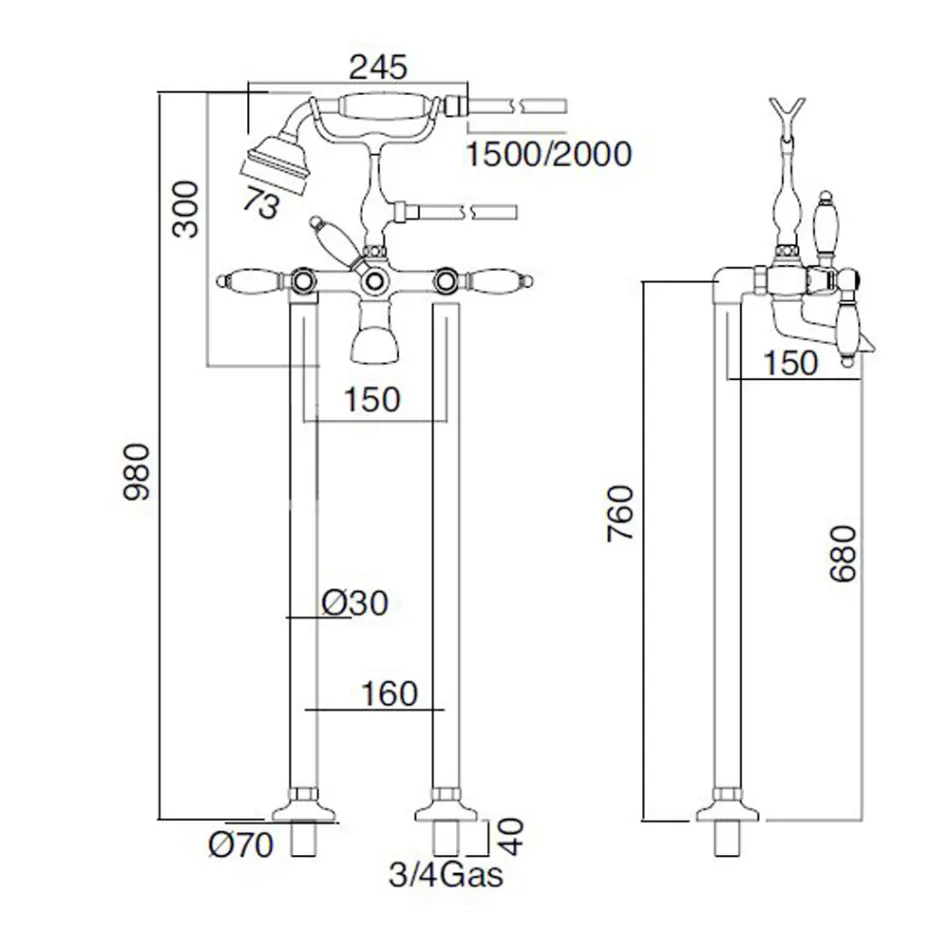 Floor Standing Bathtub Tap with Brass Shower Made in Italy - Noriana Viadurini