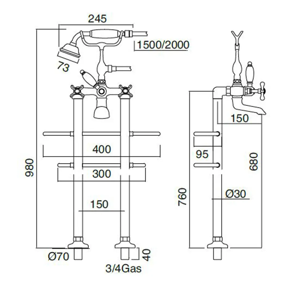 Brass Floor Standing Classic Bathtub Tap with Hand Shower - Fioretta Viadurini