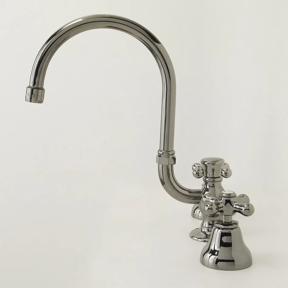 3 Hole Bathroom Sink Tap in Brass with High Spout and Drain - Ercolina Viadurini