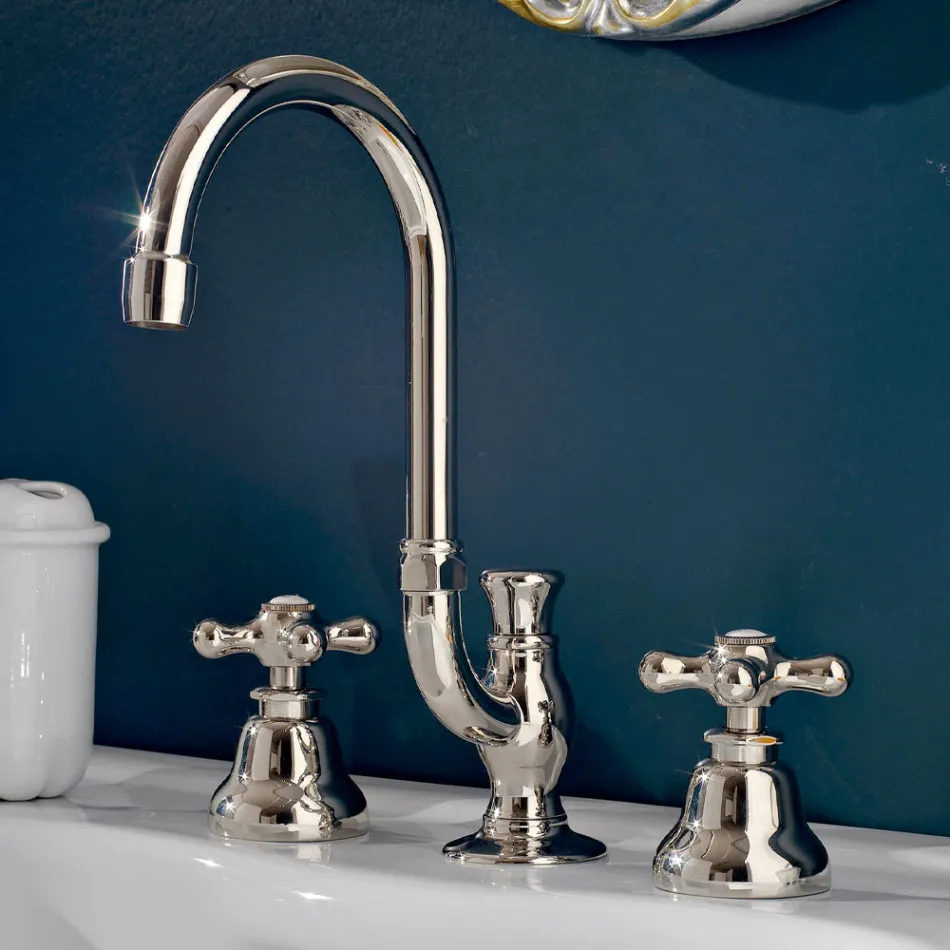 3 Hole Bathroom Sink Tap in Brass with High Spout and Drain - Ercolina Viadurini