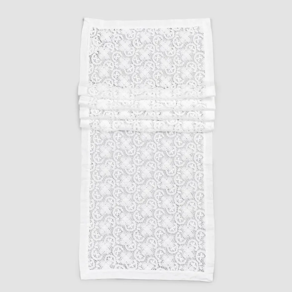 White Runner in Crochet Lace Embroidery and Cotton Blend Border - Giangi Viadurini
