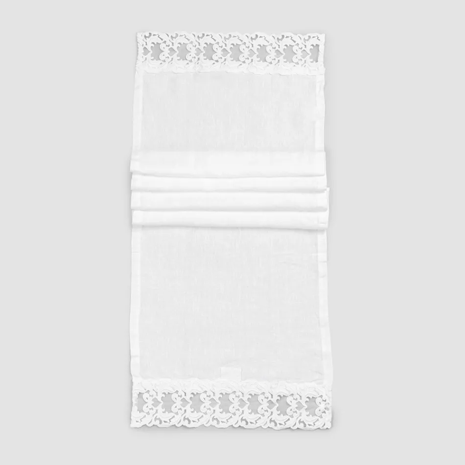 Linen Table Runner with White Lace Italian Luxury Quality - Farnese Viadurini