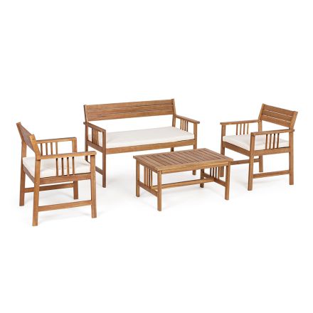 Lounge with 4 designer garden accessories in acacia wood - Roxen Viadurini