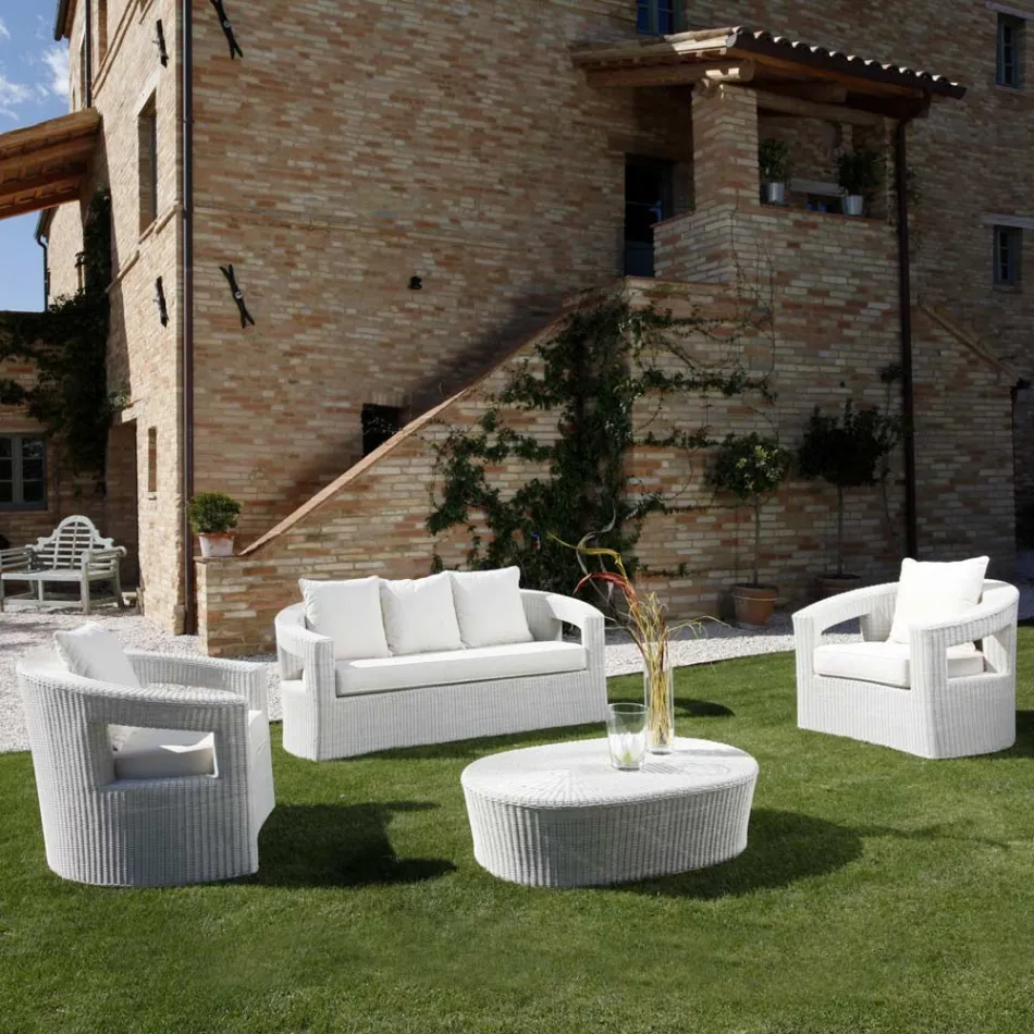 REHAU Outdoor Polyrattan Lounge Set and White Cushions - Charmix Viadurini