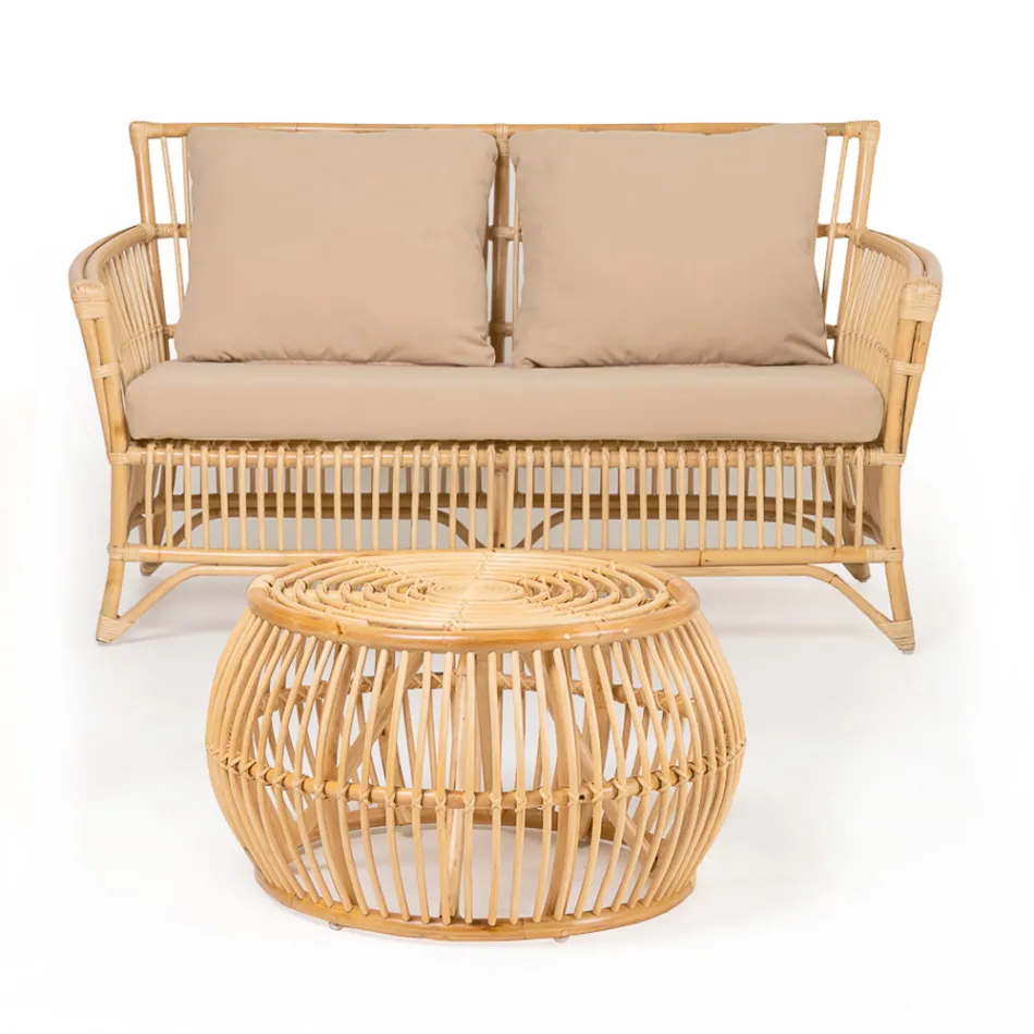 Outdoor Lounge in Natural Rattan Complete with Cushions - Bellaria Viadurini