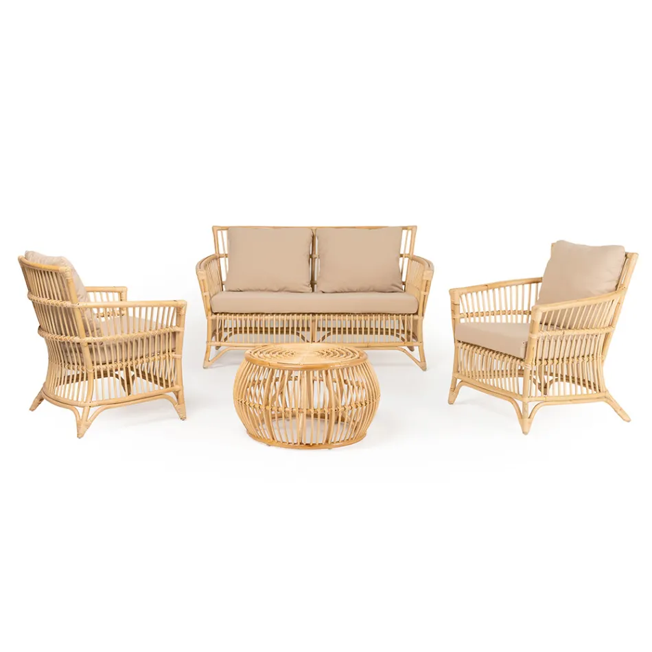 Outdoor Lounge in Natural Rattan Complete with Cushions - Bellaria Viadurini