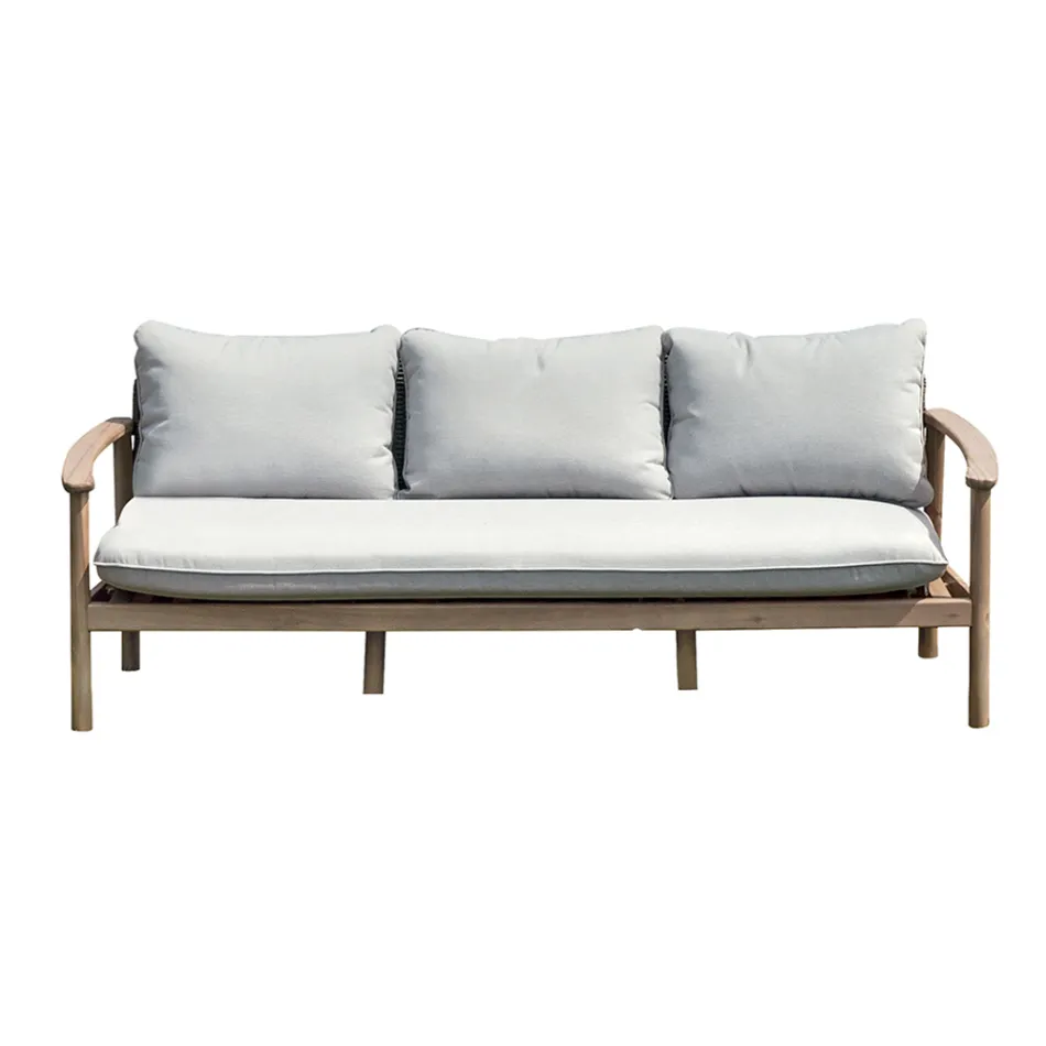 Rosira Acacia Wood Garden Lounge Set with Rope and Grey Cushions Viadurini