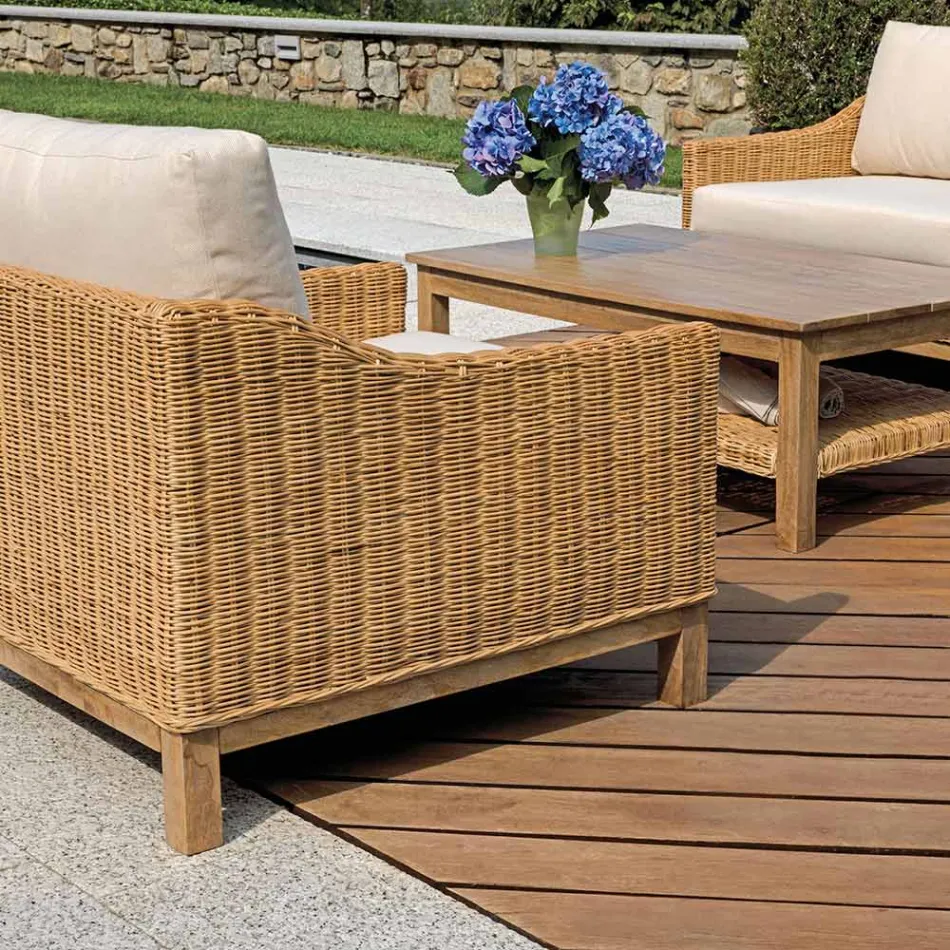 Wooden Garden Lounge Set with Rattan and Removable Cushions - Silvara Viadurini