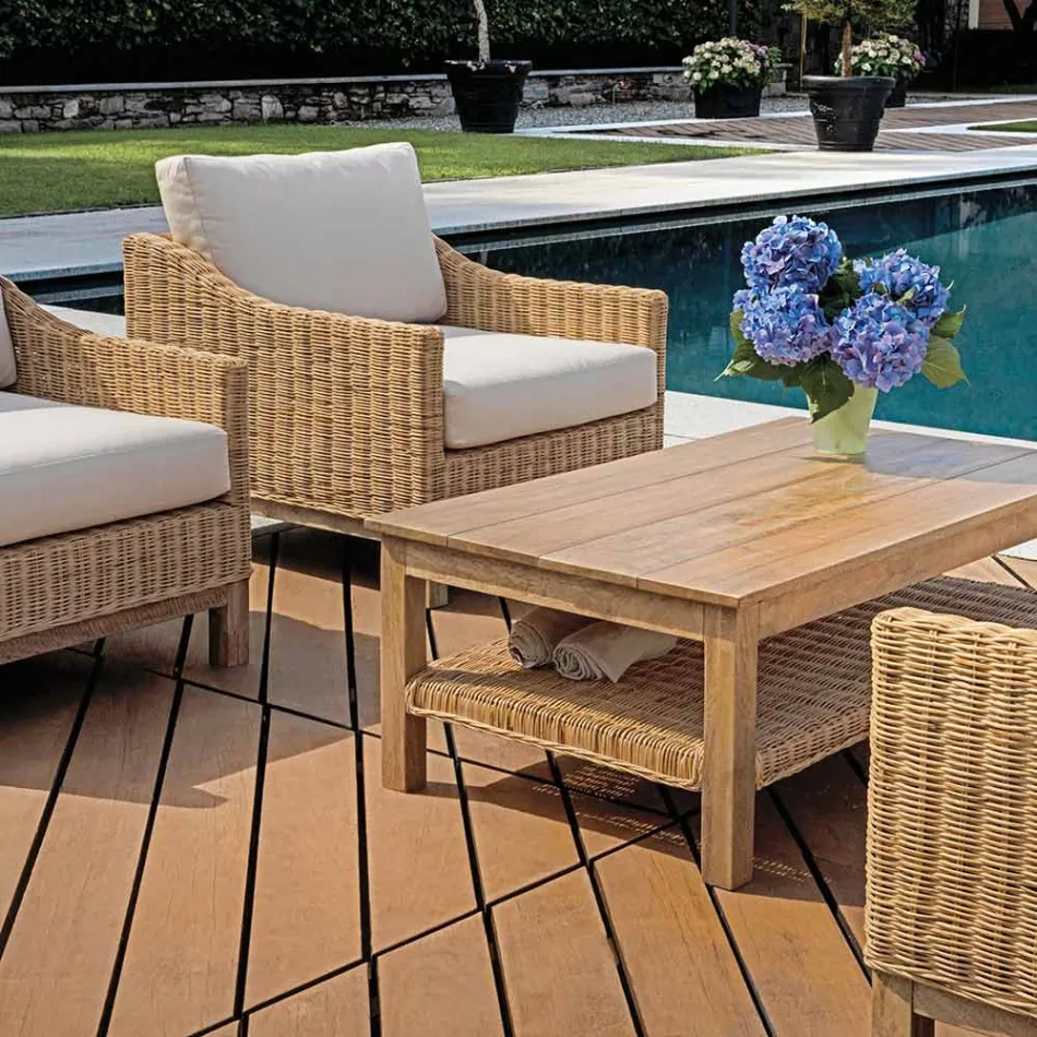 Wooden Garden Lounge Set with Rattan and Removable Cushions - Silvara Viadurini