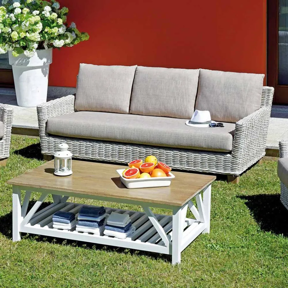 Outdoor Lounge with Mango Wood Coffee Table and Polycotton Cushions - Orlanda Viadurini