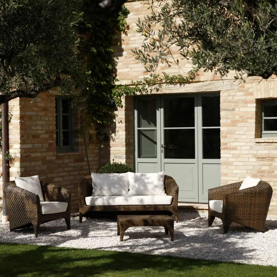 Polyrattan Lounge Brand REHAU in Different Finishes and White Cushions - Madness Viadurini