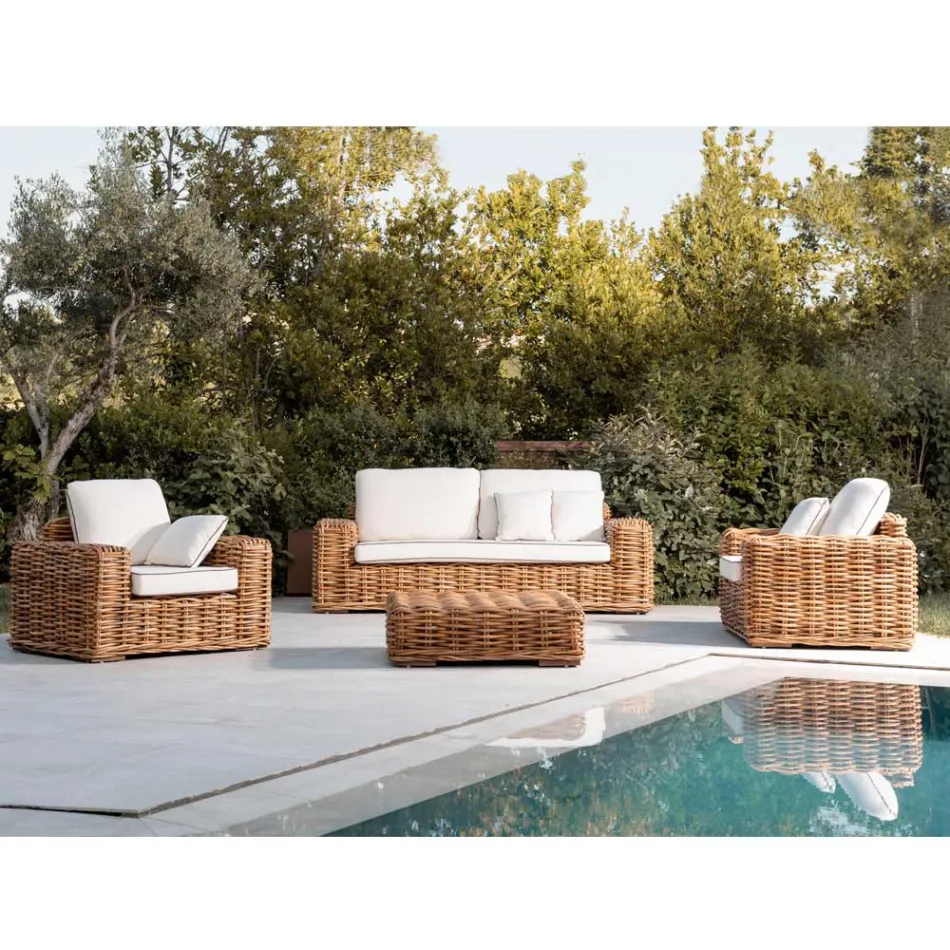 Outdoor Lounge in Natural Rattan, Cushions Included, – Keira Viadurini